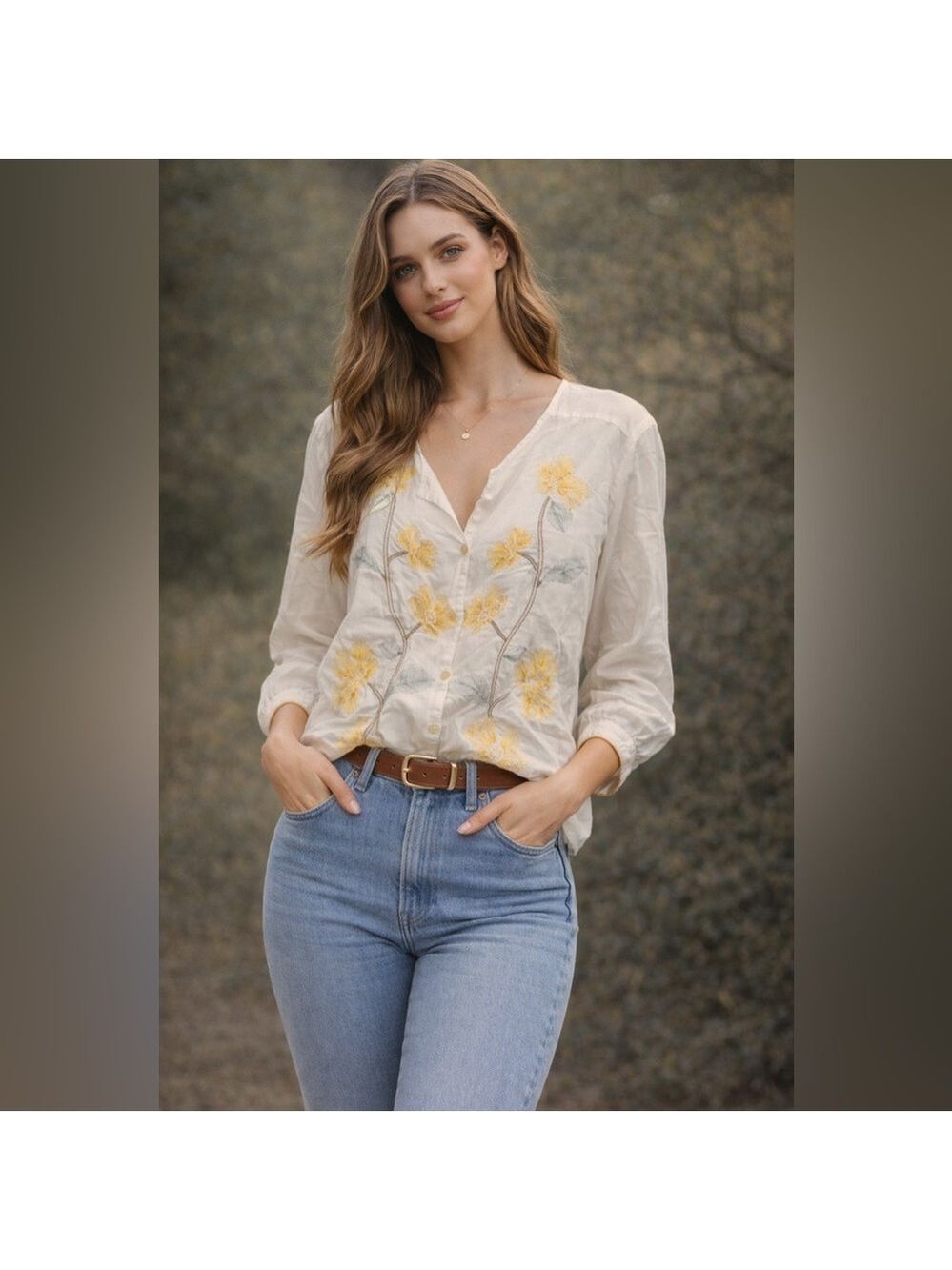 Yellow Floral Linen Blend Blouse cottagecore beach coastal boho embroidered